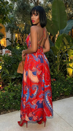Halter Cross Back High Waist Deep V Neck Dress