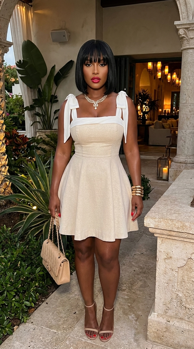 Square Neck Hide Zipper Tie Shoulder Dress